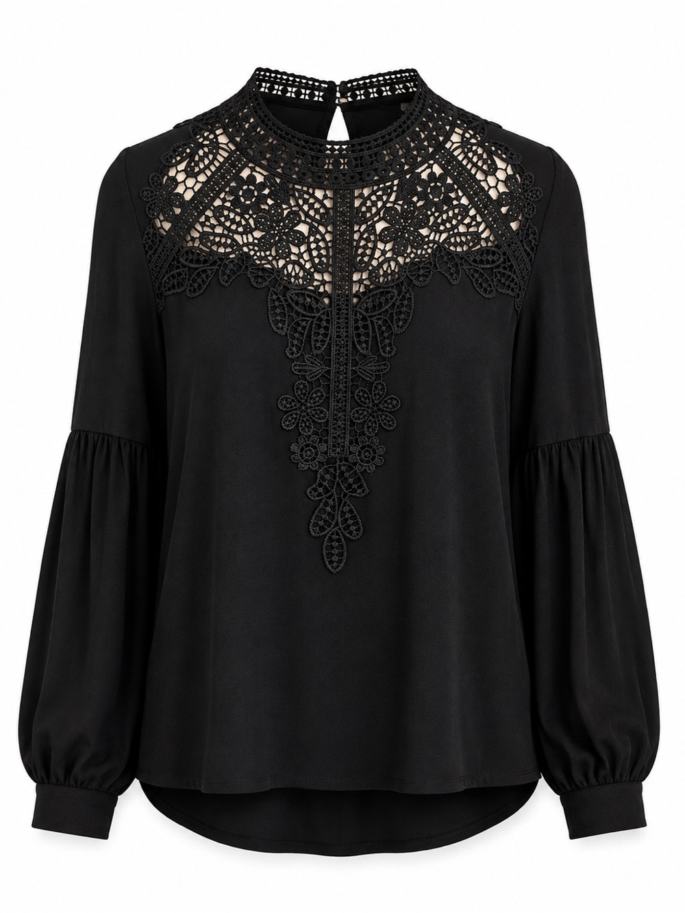 Black Lace Yoke Long Sleeve Blouse Romantic Victorian Top Small